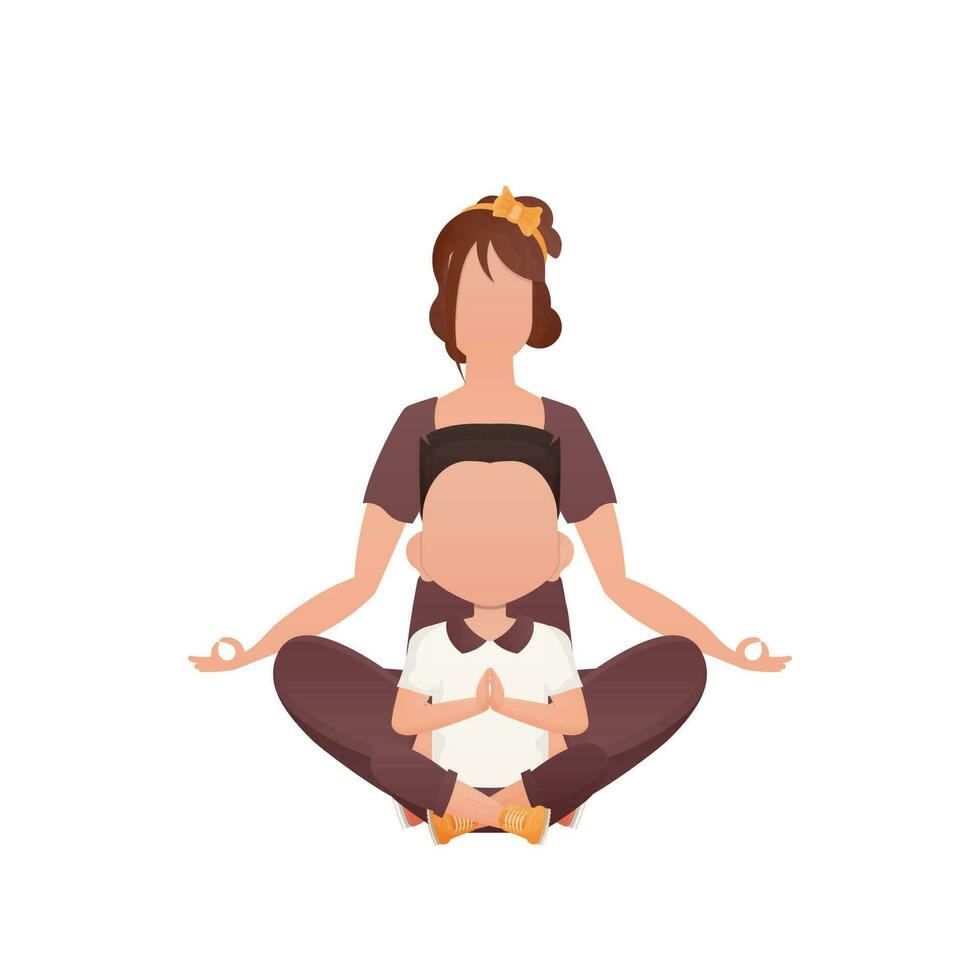 Mom and little son are sitting in the lotus position. Isolated. Cartoon style. vector