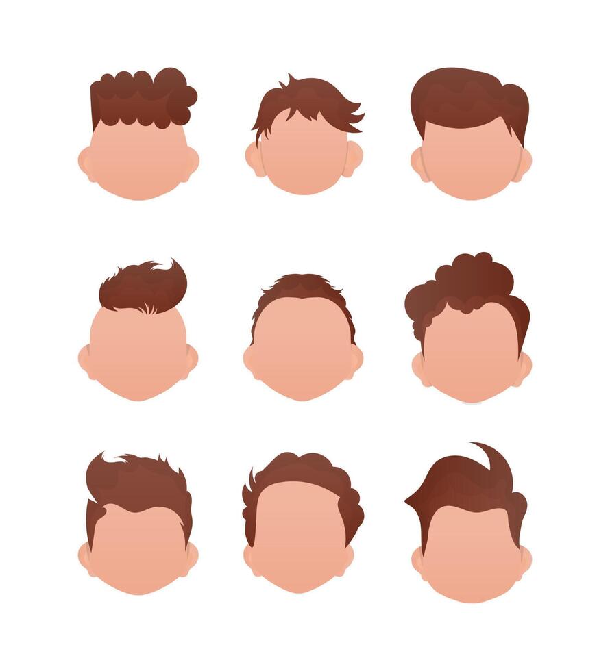 Big Set of Faces of little boys with different hairstyles. Isolated. vector