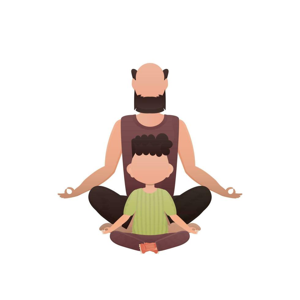 Dad and son are sitting doing meditation. Isolated. Cartoon style. vector