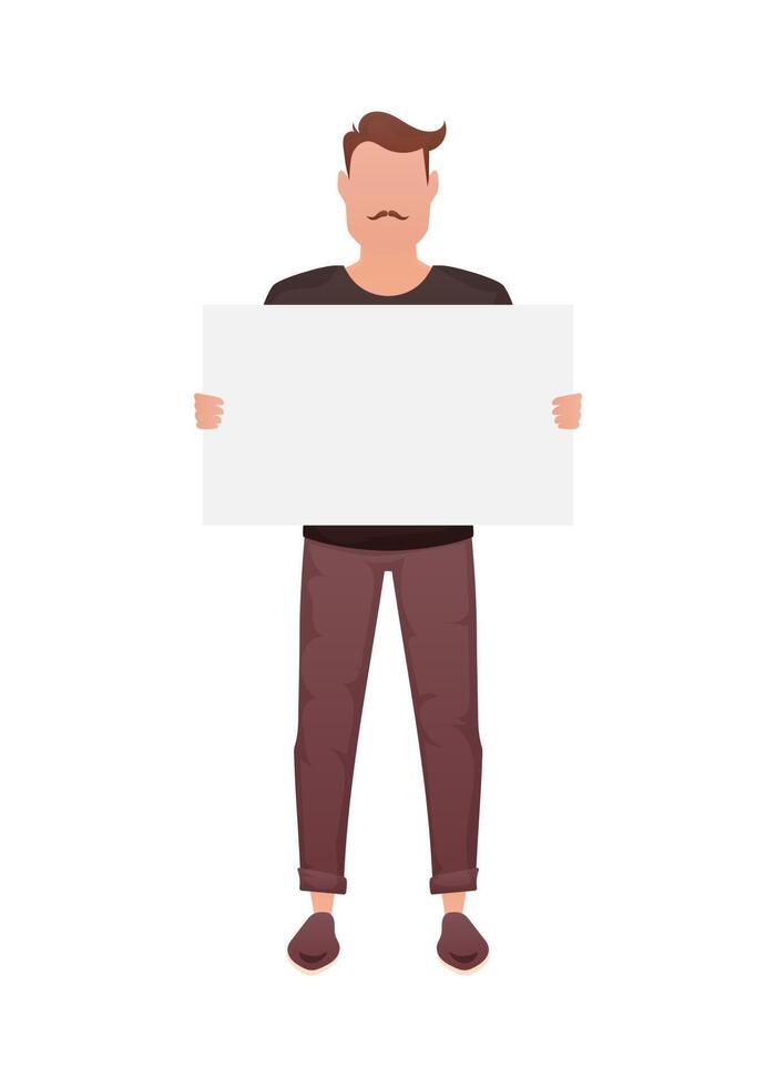 A guy of strong physique in full growth and holds a blank sheet in his hands. Isolated. Cartoon style. vector