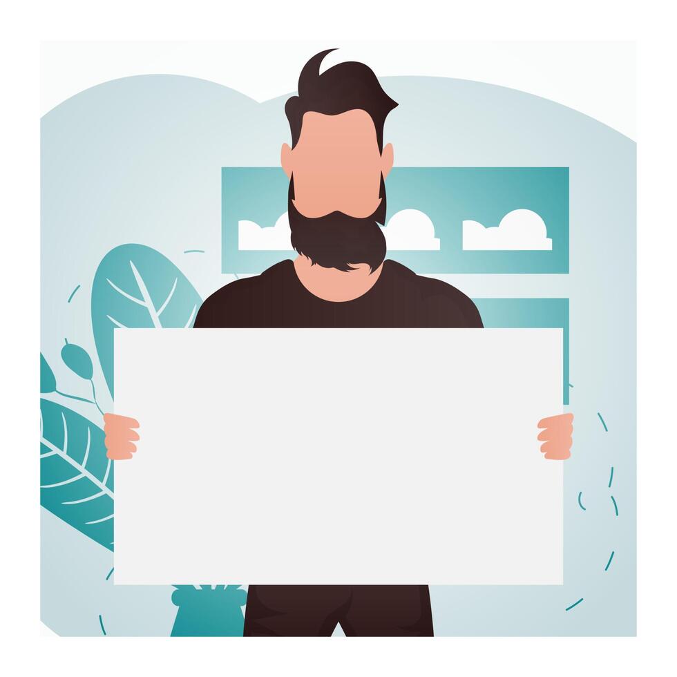 A guy of strong physique stands waist-deep and holds an empty banner in his hands. Place for your advertisement. Cartoon style. vector