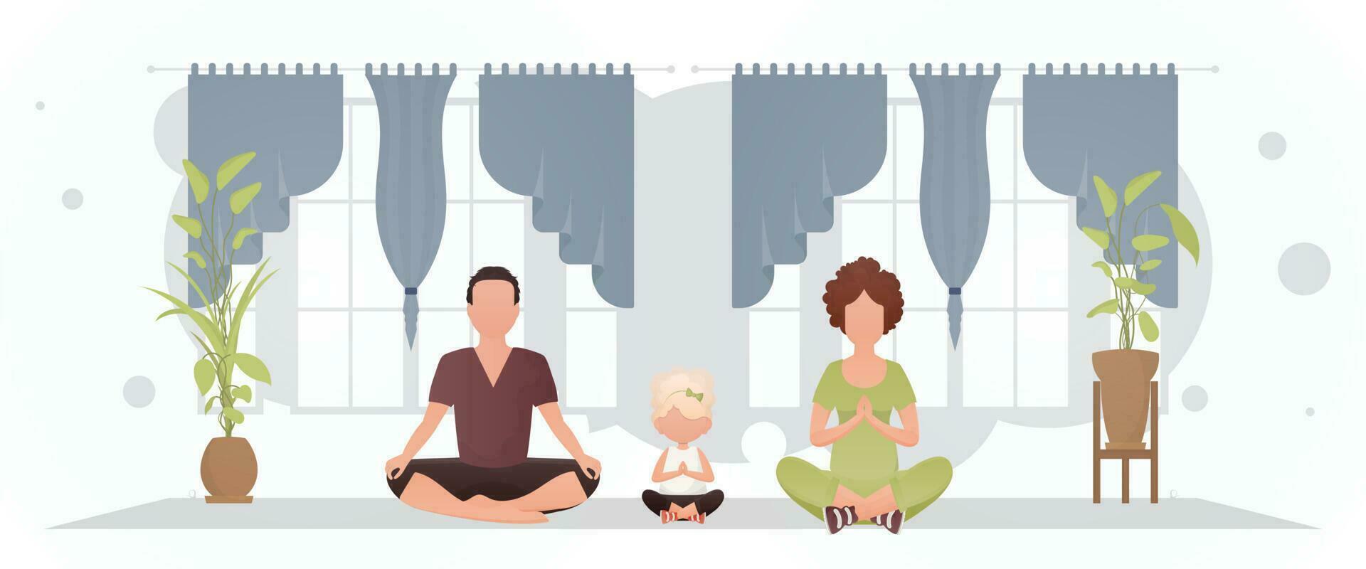 un hombre con un mujer y un pequeño niña son sentado en un loto posición en un habitación. meditación. dibujos animados estilo. vector