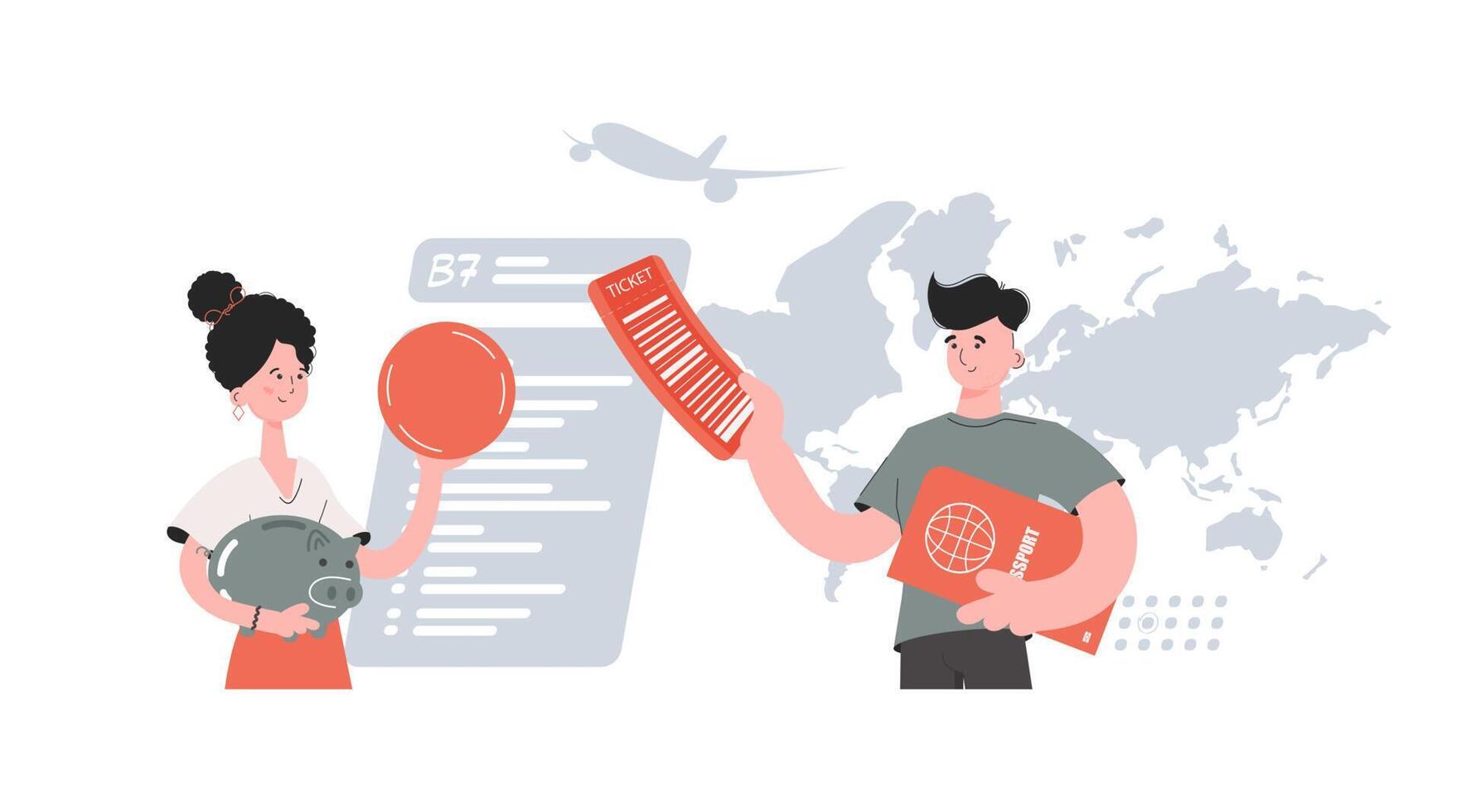 A man and a woman stand with a belt and hold a piggy bank and a ticket. Savings. Element for presentations, sites. vector