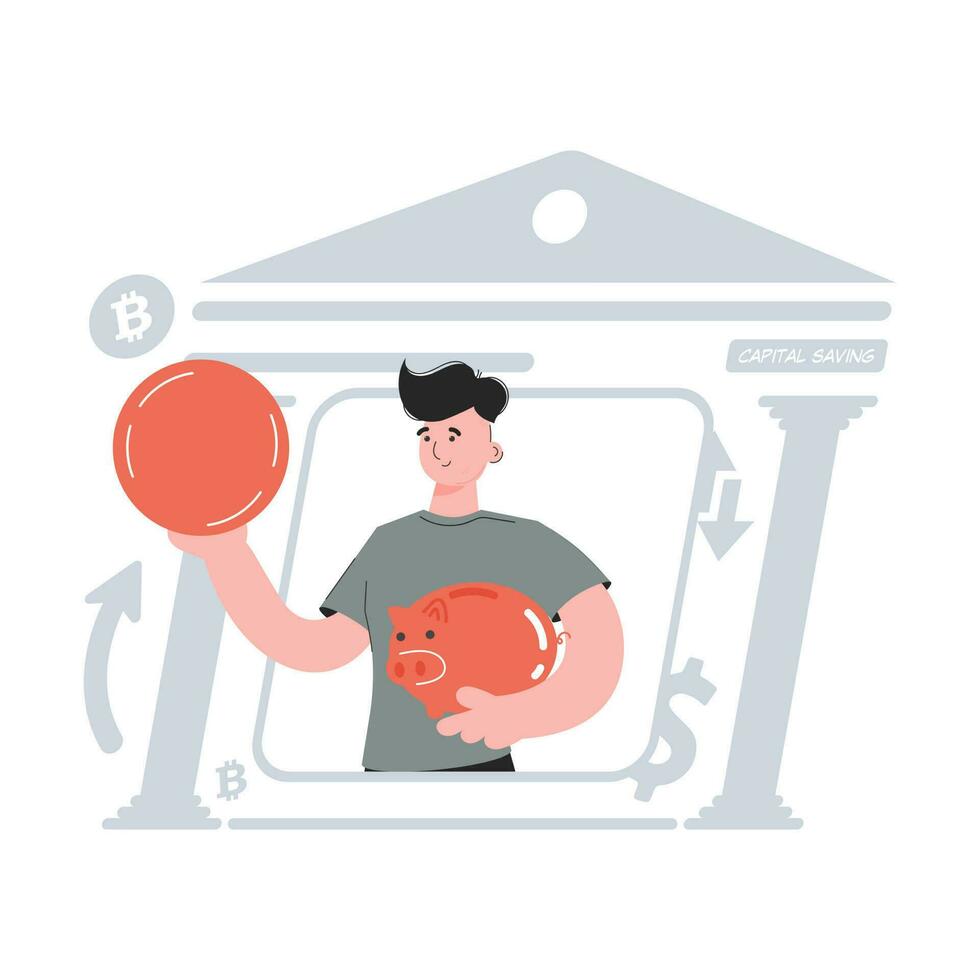 A man stands waist-deep holding a coin and a piggy bank of Savings. Element for presentations, sites. vector