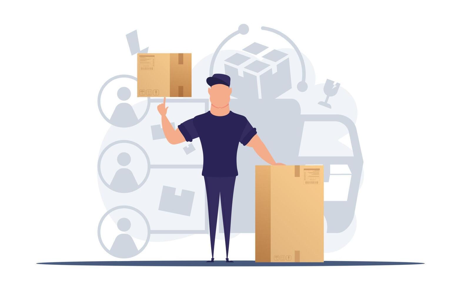 Man with a box. Delivery concept. Good for presentations, websites and apps. Vector illustration.