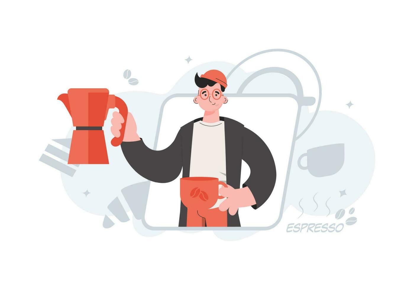 un hombre soportes hasta la cintura en café. café tienda. elemento para presentaciones, sitios vector