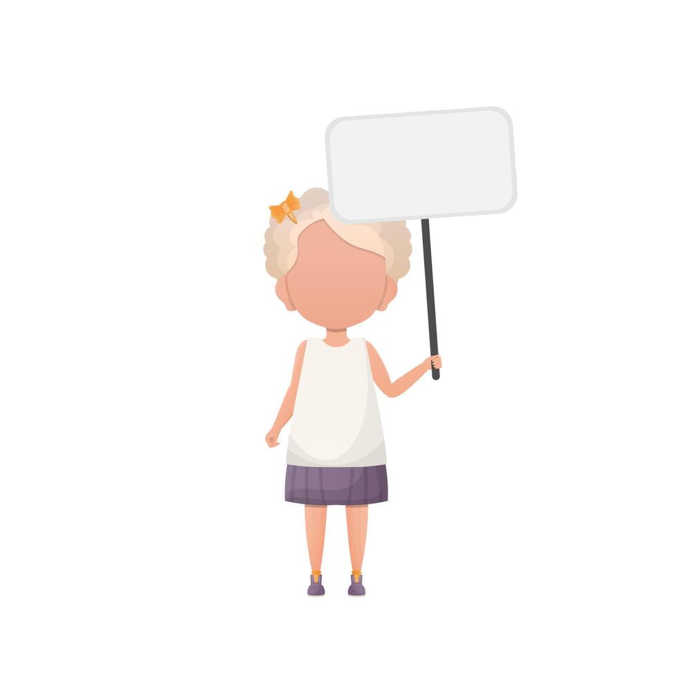 Cute little girl with a musty poster and space for your text. Design in cartoon style. . vector