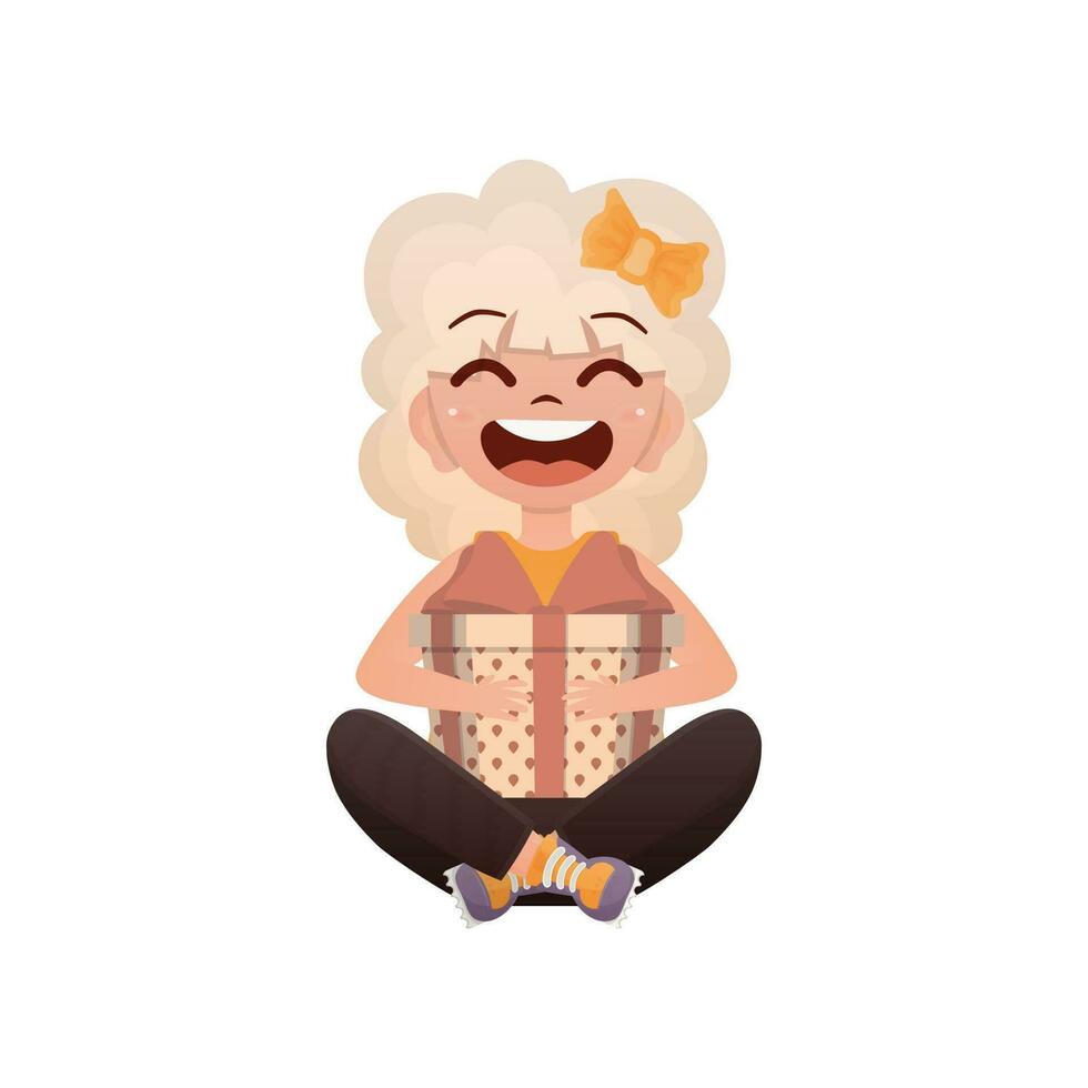 A happy girl sits in a lotus position with a gift in her hands. Isolated. Vector illustration.