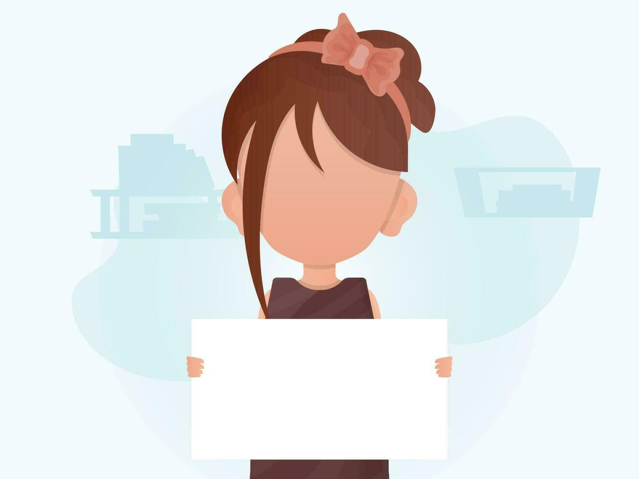 A little girl is holding a blank sheet in her hands. Place for announcement. Flat style. vector