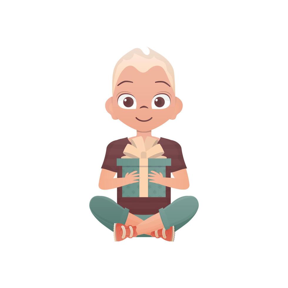 A little teen boy sits in a lotus position and holds a box with a bow in his hands. Birthday, New Year or holidays theme. Cartoon style, isolated. vector