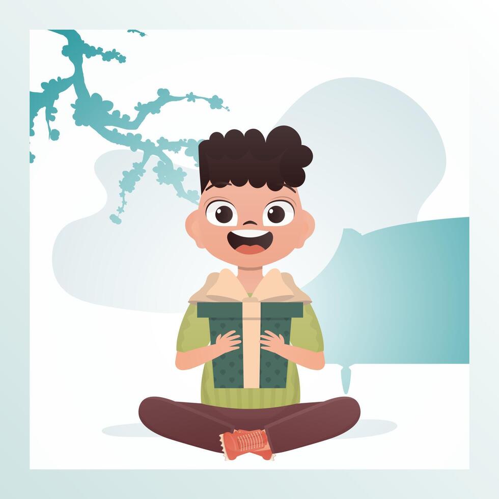 A happy child boy sits in a lotus position and holds a gift box with a bow in his hands. Birthday, new year or holidays theme. Vector illustration in cartoon style.