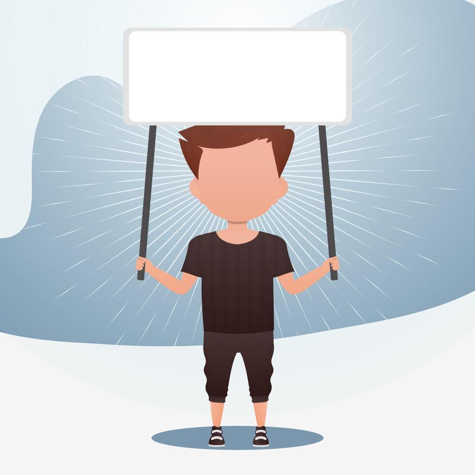 Cute little baby boy with a blank banner. Place for your logo, text or design. Vector illustration in cartoon style.