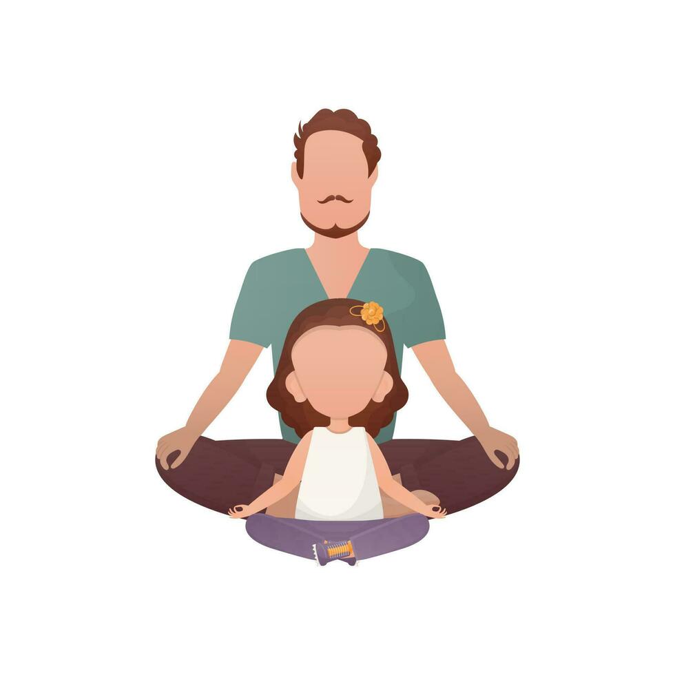 Dad and daughter are sitting and doing yoga. Isolated. Cartoon style. vector