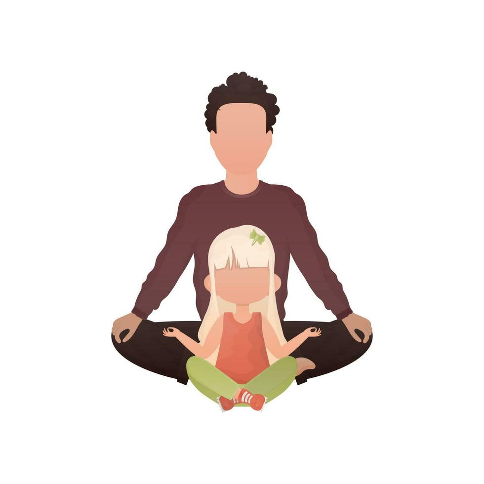 Strong man and cute little girl are sitting meditating. Isolated. Cartoon style. vector