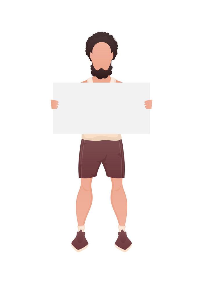 A guy of strong physique in full growth and holds an empty sign in his hands. Isolated. Cartoon style. vector