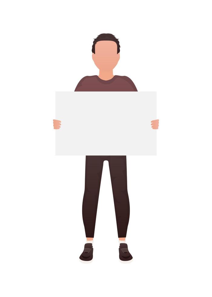 A man holds an empty tablet in his hands. Isolated. Cartoon style. vector