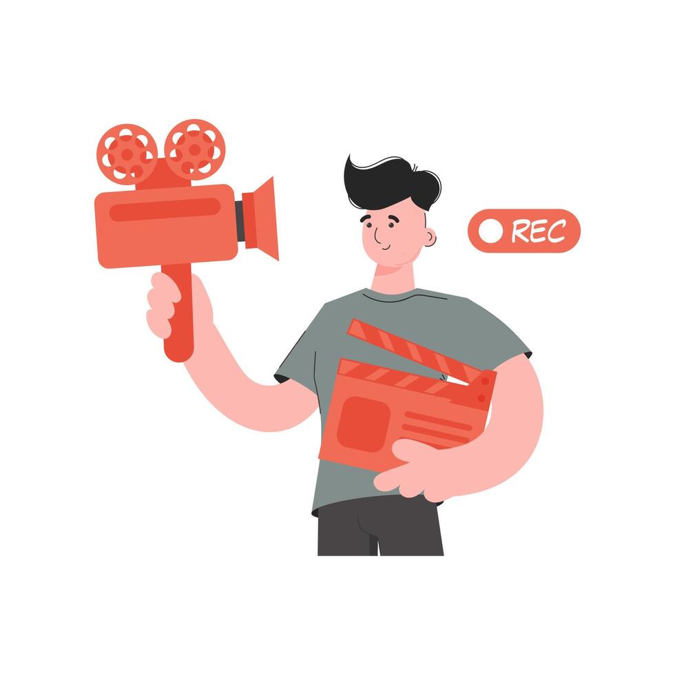 A man stands waist-deep, holding a movie clapperboard and a video camera. Isolated. Element for presentations, sites. vector