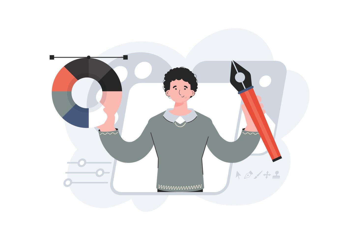 A man stands waist-deep with a color wheel and a pen tool. Creation. Element for presentations, sites. vector