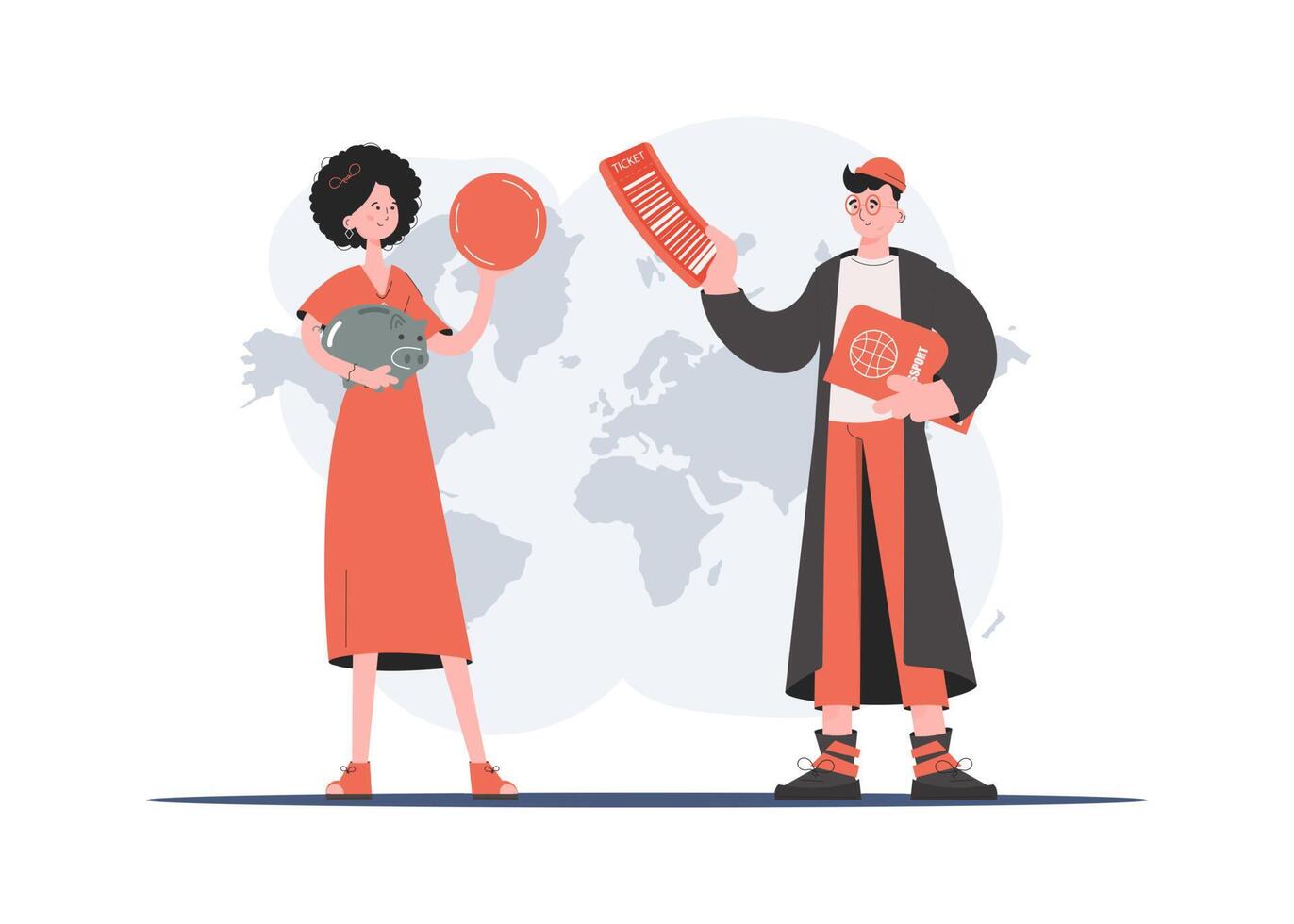 A man and a woman stand in full growth holding a piggy bank and a passport. Travels. Element for presentations, sites. vector