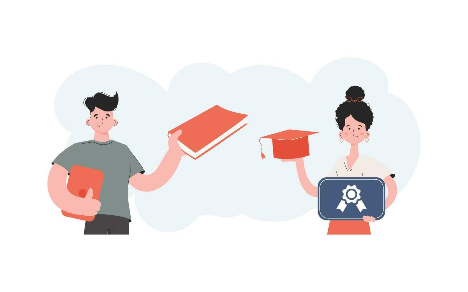 A man and a woman stand with a belt and hold a book and a diploma. Education. Element for presentations, sites. vector