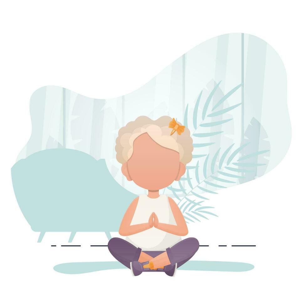 pequeño niña se sienta en el loto posición. para niños meditación. dibujos animados estilo. vector