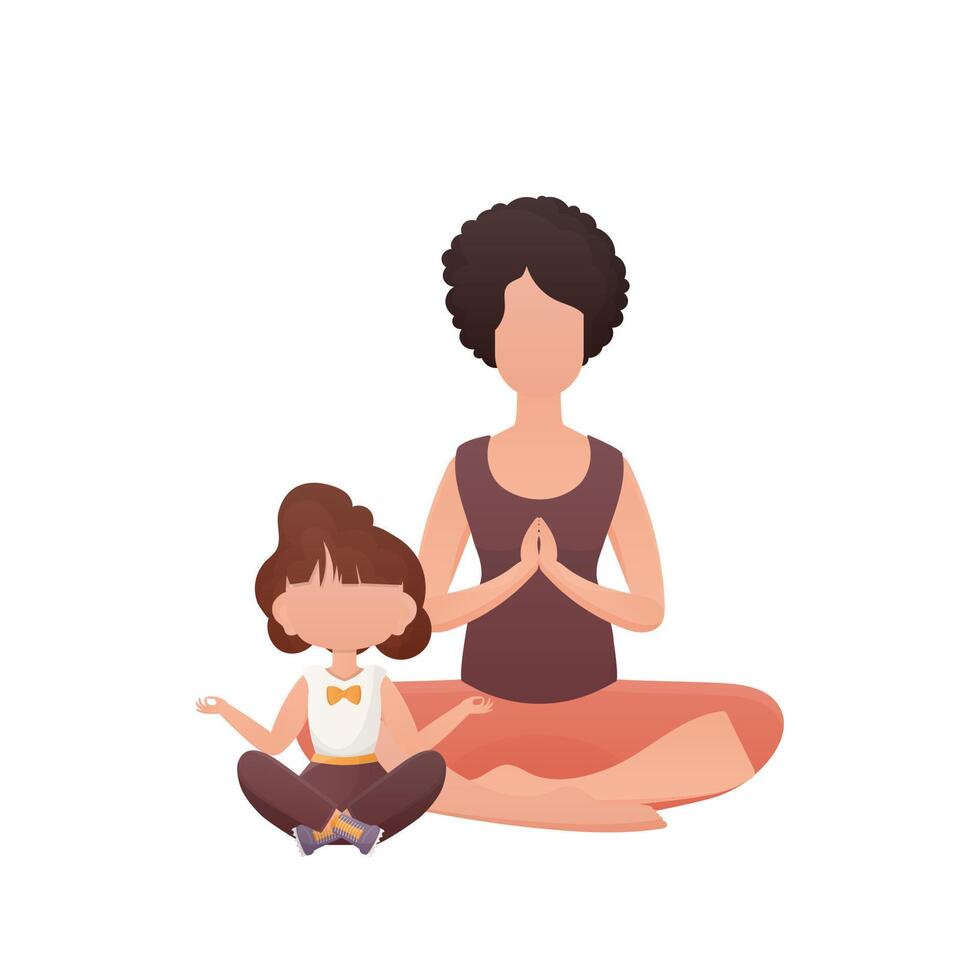 Mom and daughter yoga in the lotus position. Cartoon style. Isolated. . vector