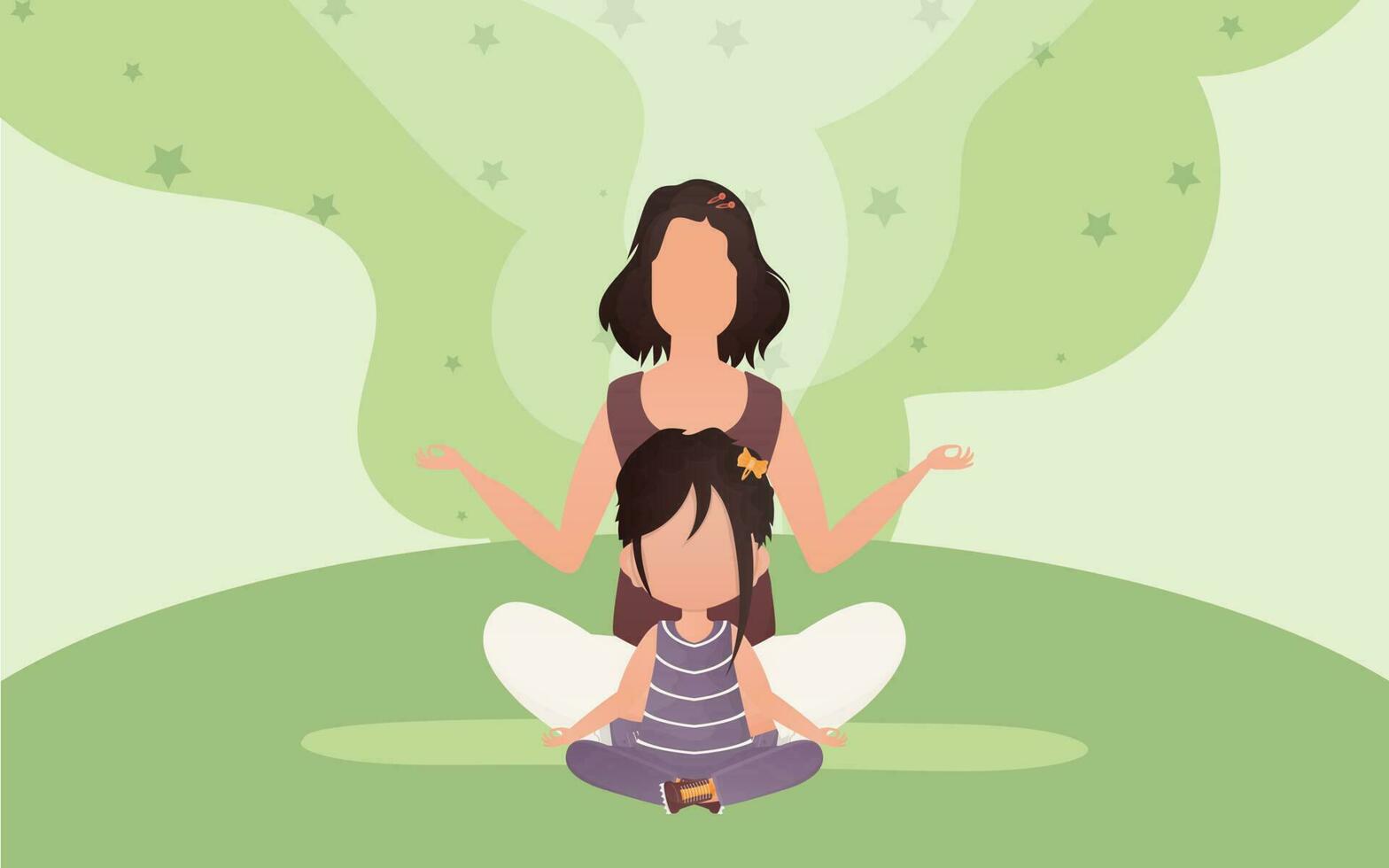 Mom and daughter do yoga in the lotus position. Cartoon style. Yoga concept. Vector illustration.