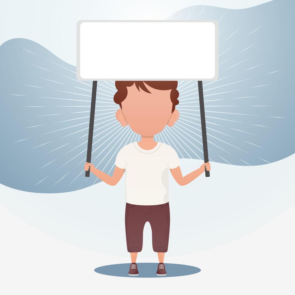 Cute little baby boy with a blank banner. Place for your logo, text or design. Cartoon style. illustration. vector