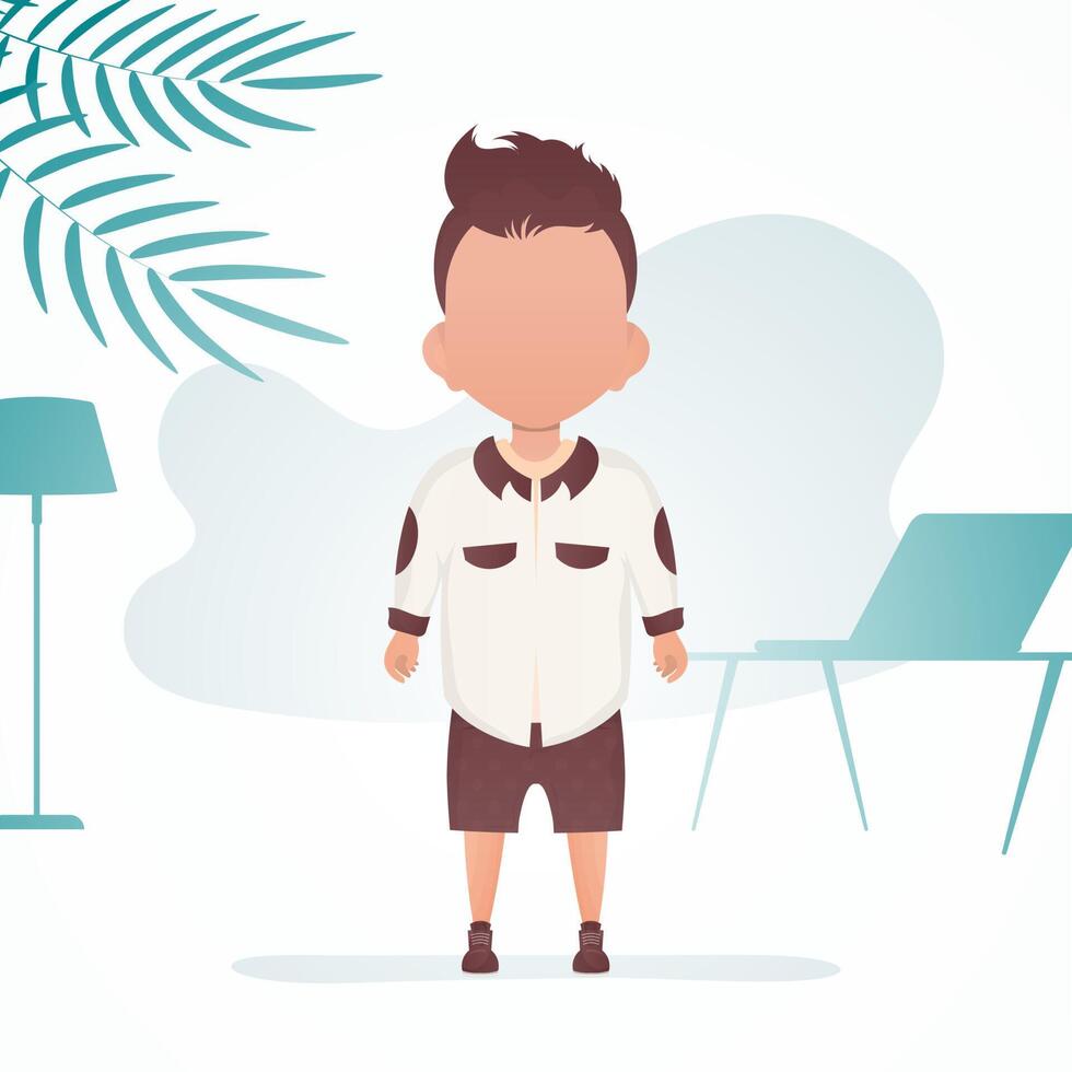A cute little boy is depicted in full growth. Banner with a child. Vector illustration in cartoon style.