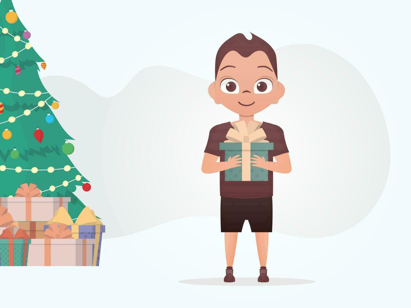 A little boy is holding a beautiful box in his hands. Christmas. Cartoon style. vector