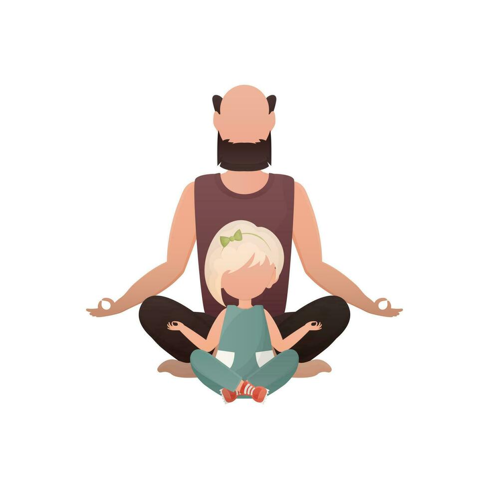Dad and little daughter are sitting meditating in the lotus position. Isolated. Cartoon style. vector