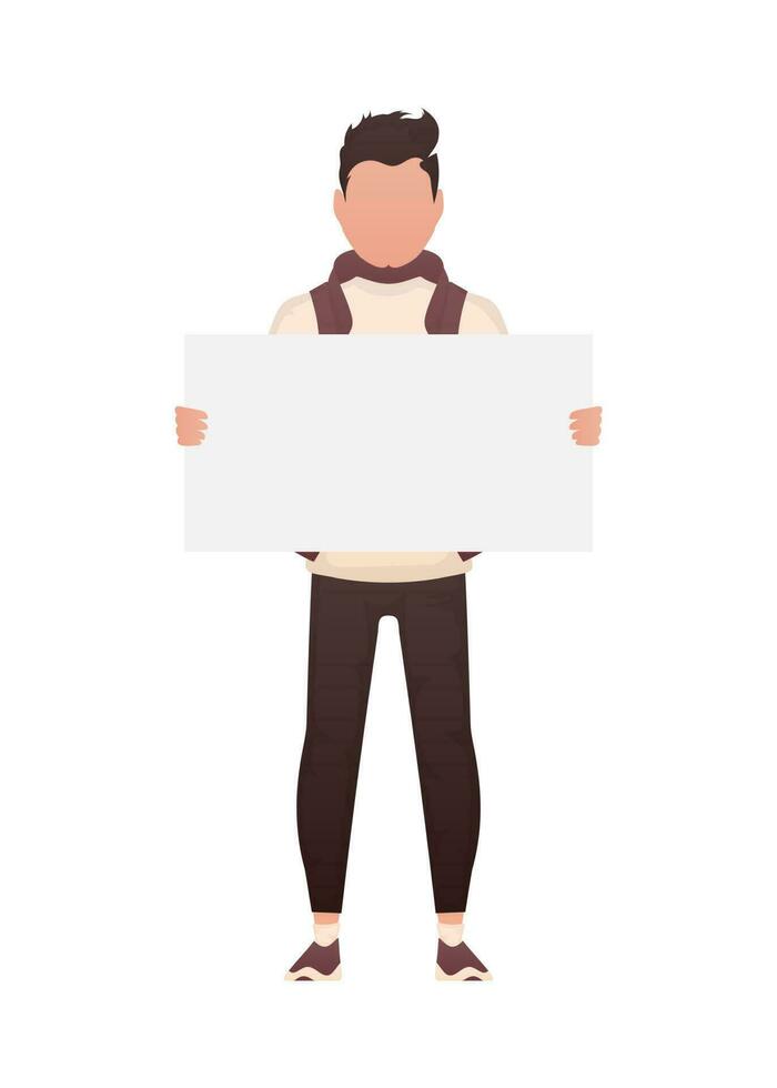 A man holds an empty space for advertising in his hands. Isolated. Cartoon style. vector