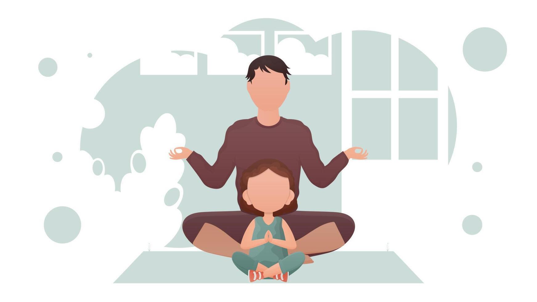 Dad and little daughter are sitting in the lotus position. Meditation. Cartoon style. vector