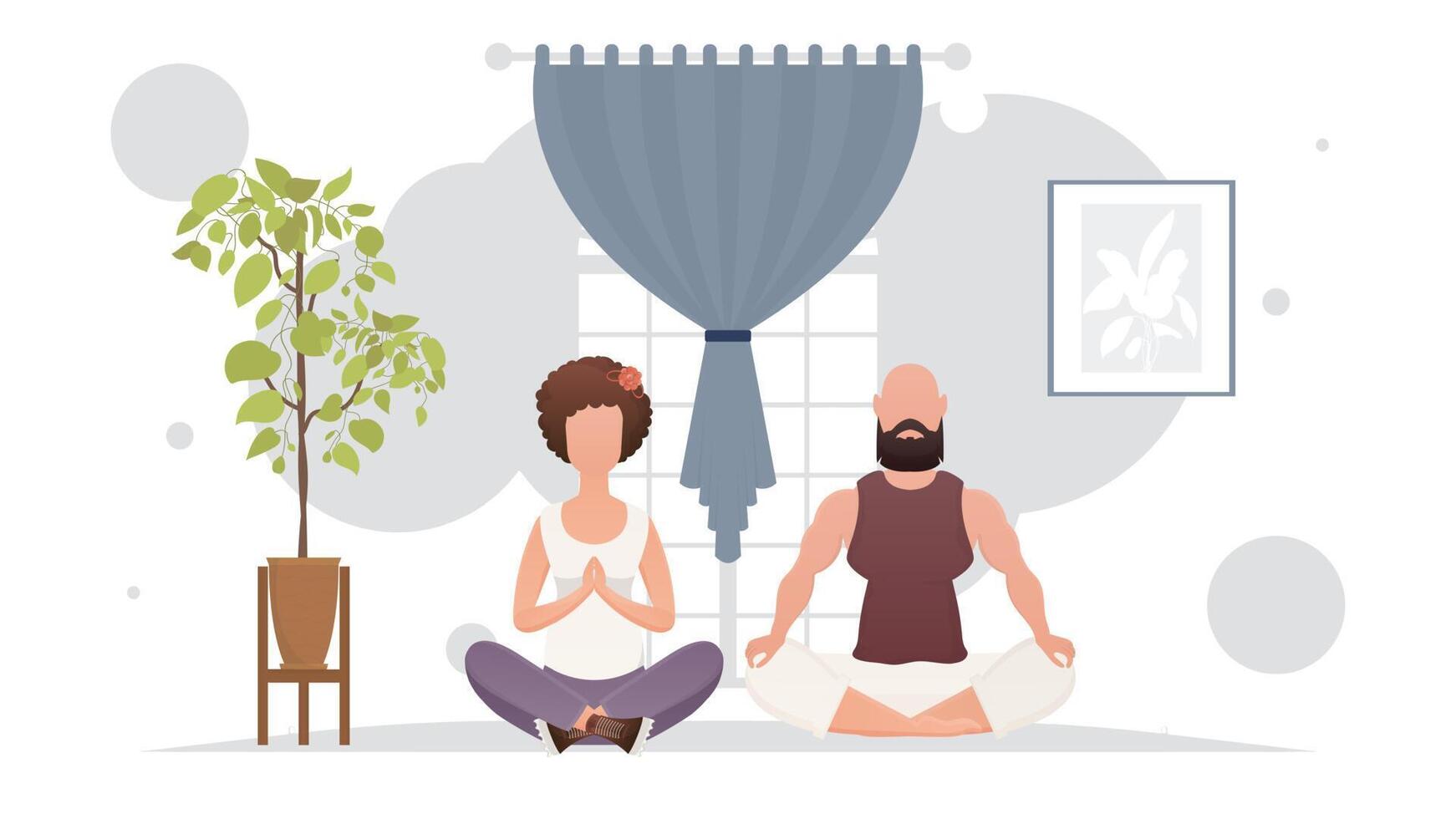 A man and a woman are doing yoga in the lotus position in the room. Yoga. Cartoon style. vector