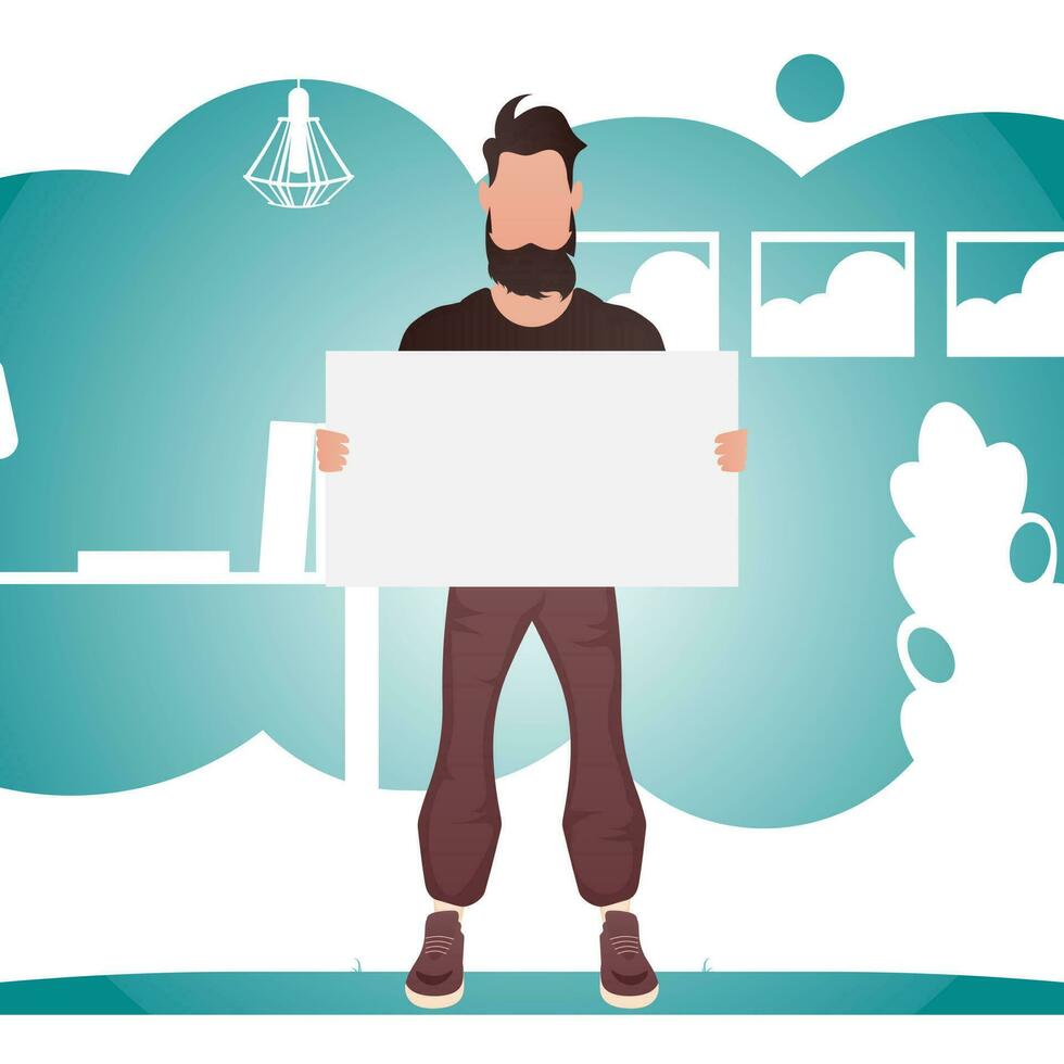 A full-length man holds an empty tablet in his hands. Place for your advertisement. Cartoon style. vector