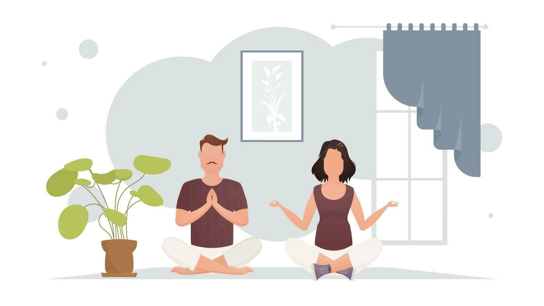 A man and a woman meditate in the lotus position in the room. Meditation. Cartoon style. vector