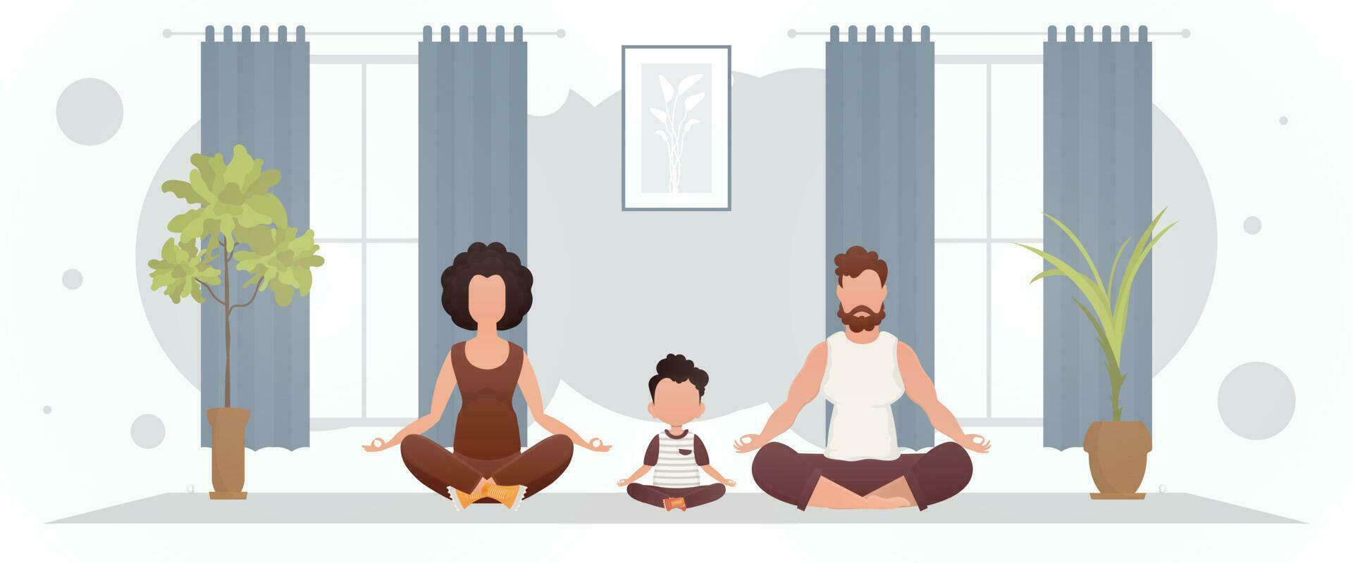 Husband and wife with an adorable baby are meditating in the room. Yoga. Cartoon style. vector