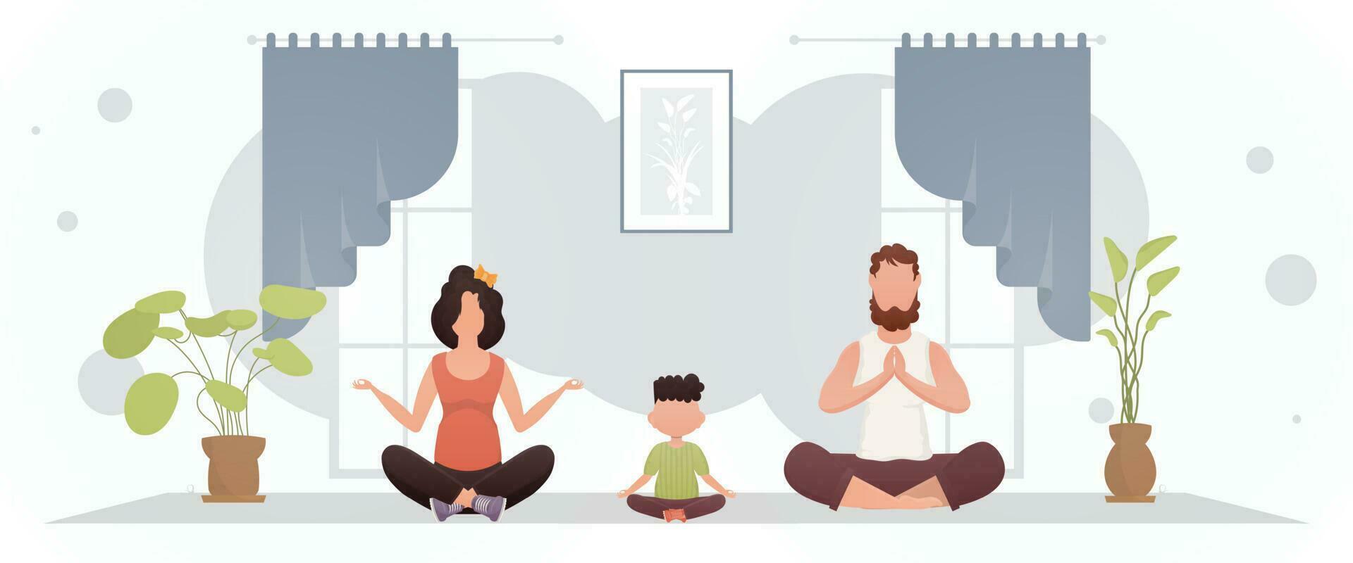 A man and a woman with a little boy are doing meditation in the lotus position in the room. Meditation. Cartoon style. vector