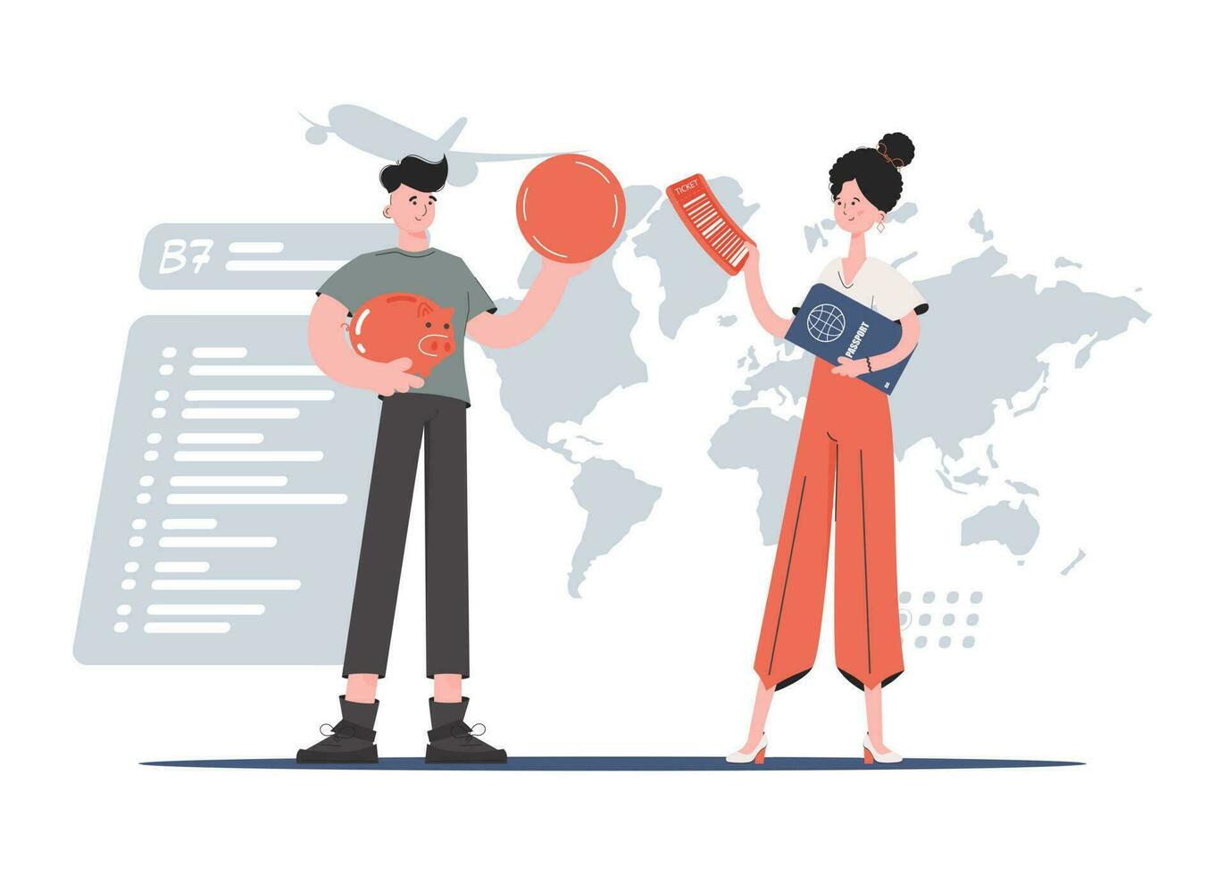 A man and a woman are standing in full growth holding a piggy bank with a coin and a passport with a boarding pass in their hands. Travels. Element for presentations, sites. vector