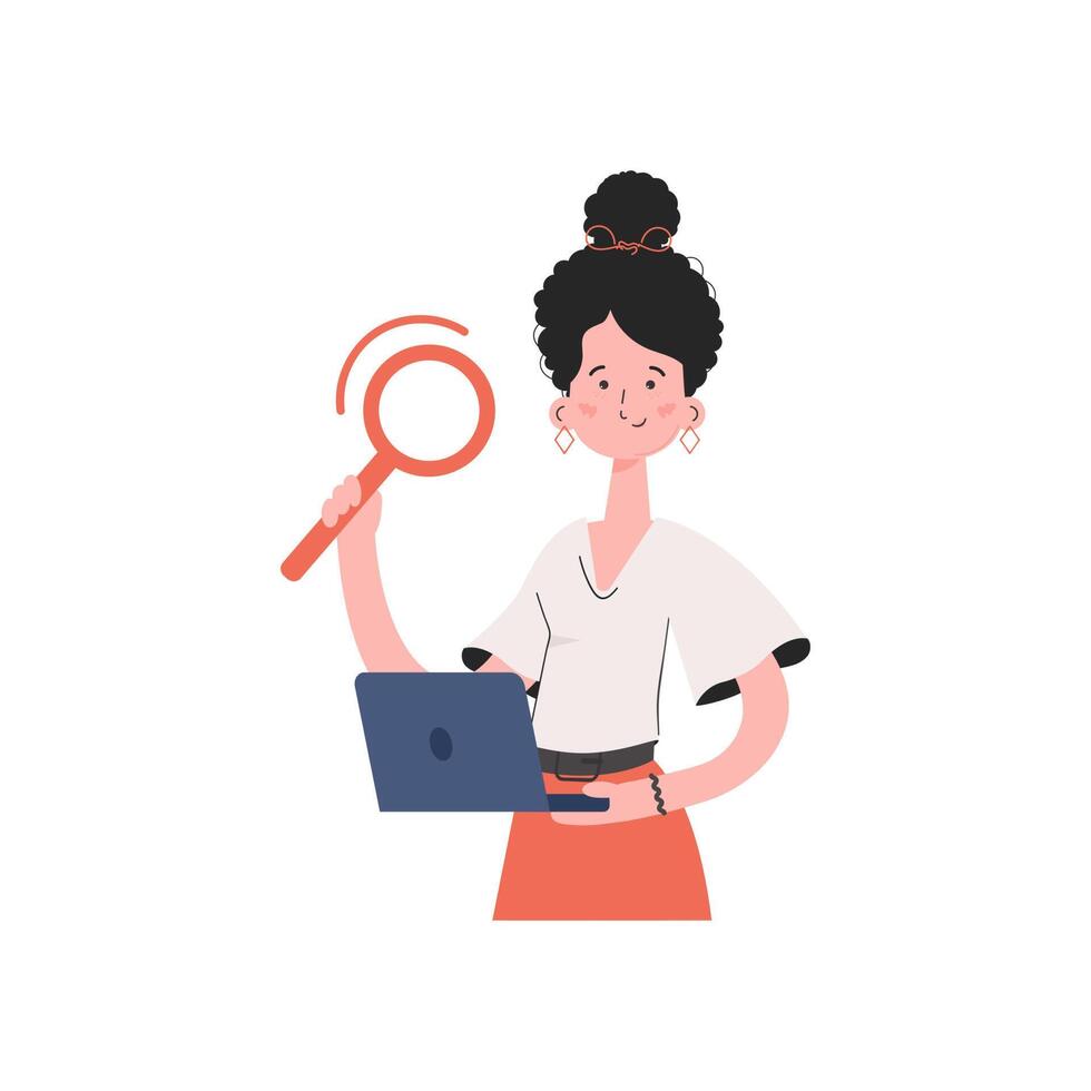 The girl is waist-deep holding a magnifying glass. Isolated. Element for presentations, sites. vector