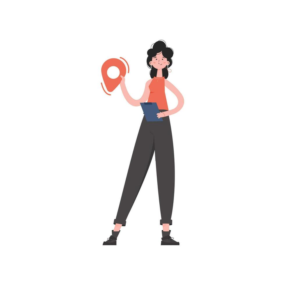 A woman stands in full growth and holds a geolocation icon in her hands. Isolated. Element for presentations, sites. vector