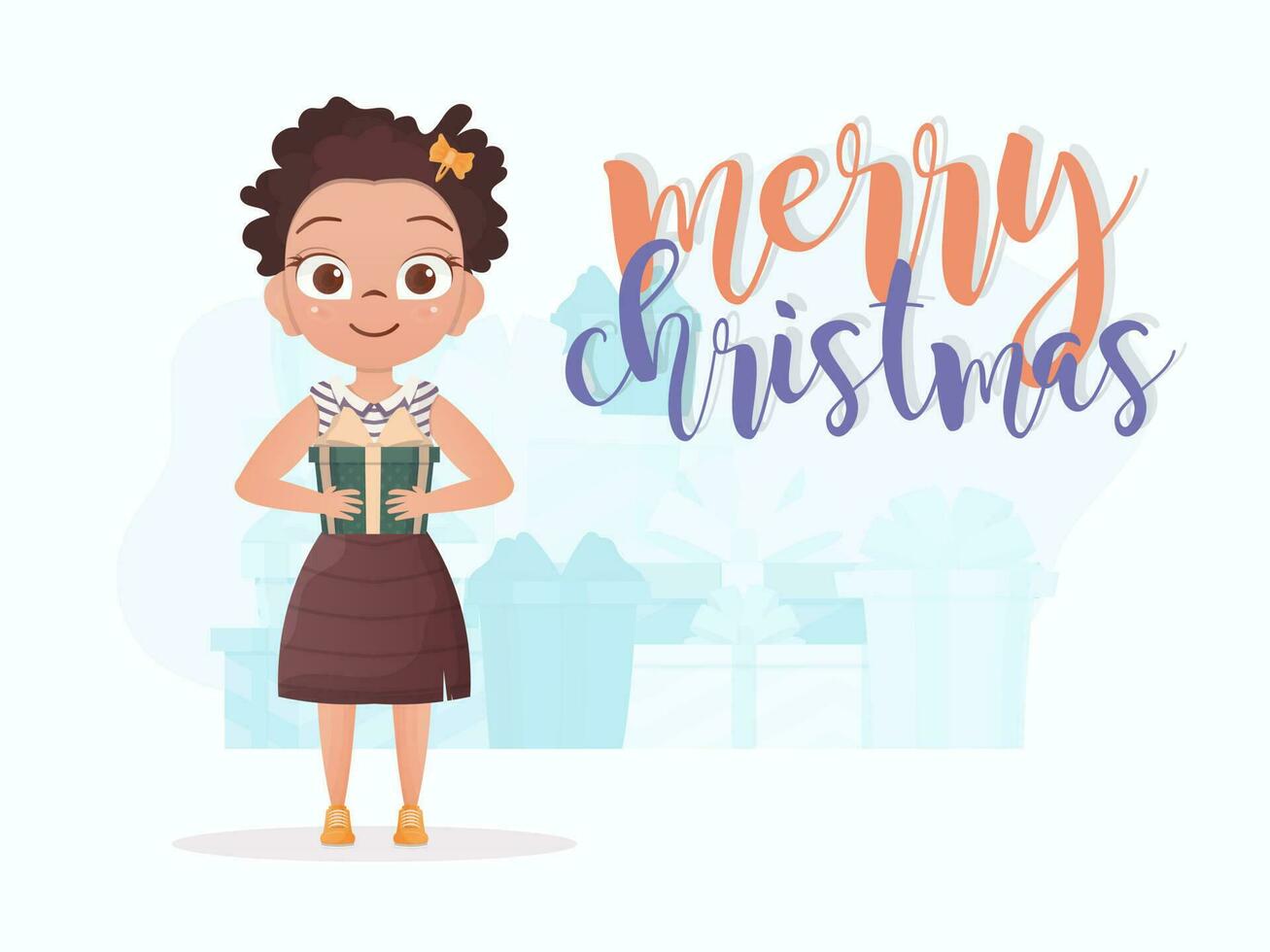 A cute little girl is holding a gift in her hands. New Year card. Flat style. vector