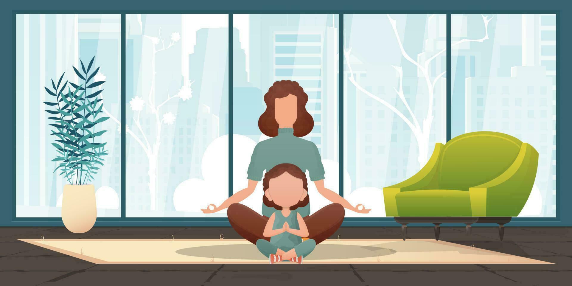 mamá y pequeño hija son meditando juntos. dibujos animados estilo. vector ilustración.