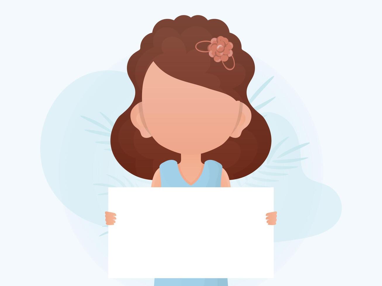 A little girl is holding a blank sheet in her hands. Advertising banner. Cartoon style. vector