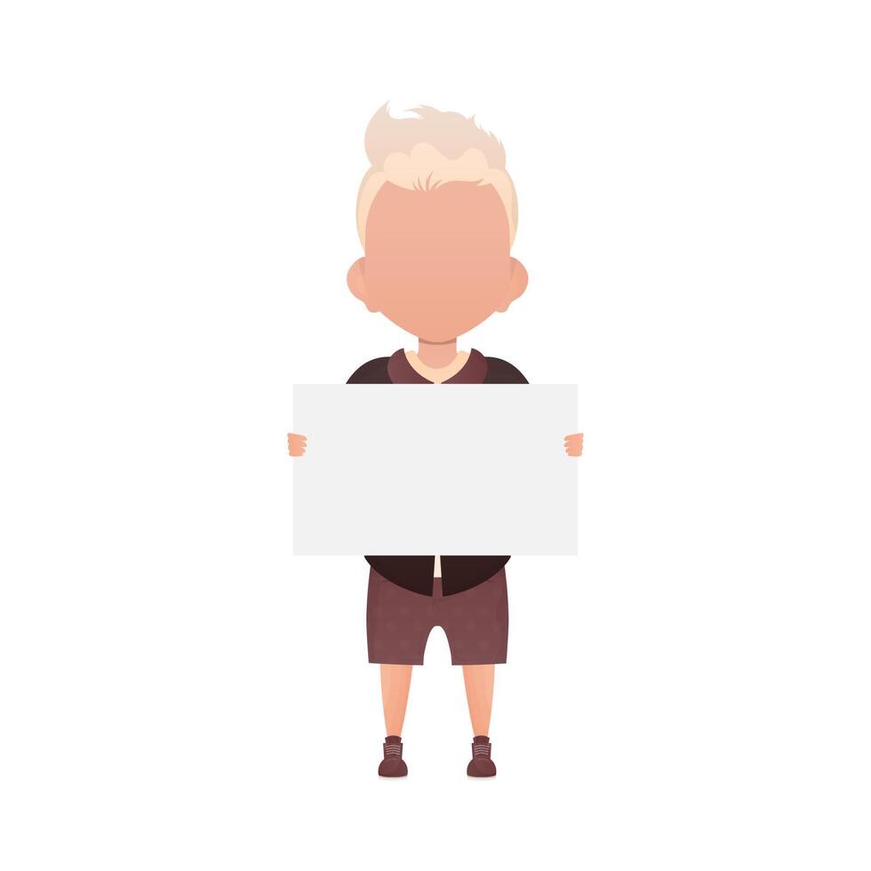 Cute little baby boy with a blank banner. Isolated on white background. illustration in cartoon style. vector