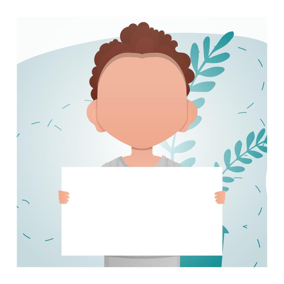 A little boy is holding a blank sheet. Place for text. Cartoon style. vector