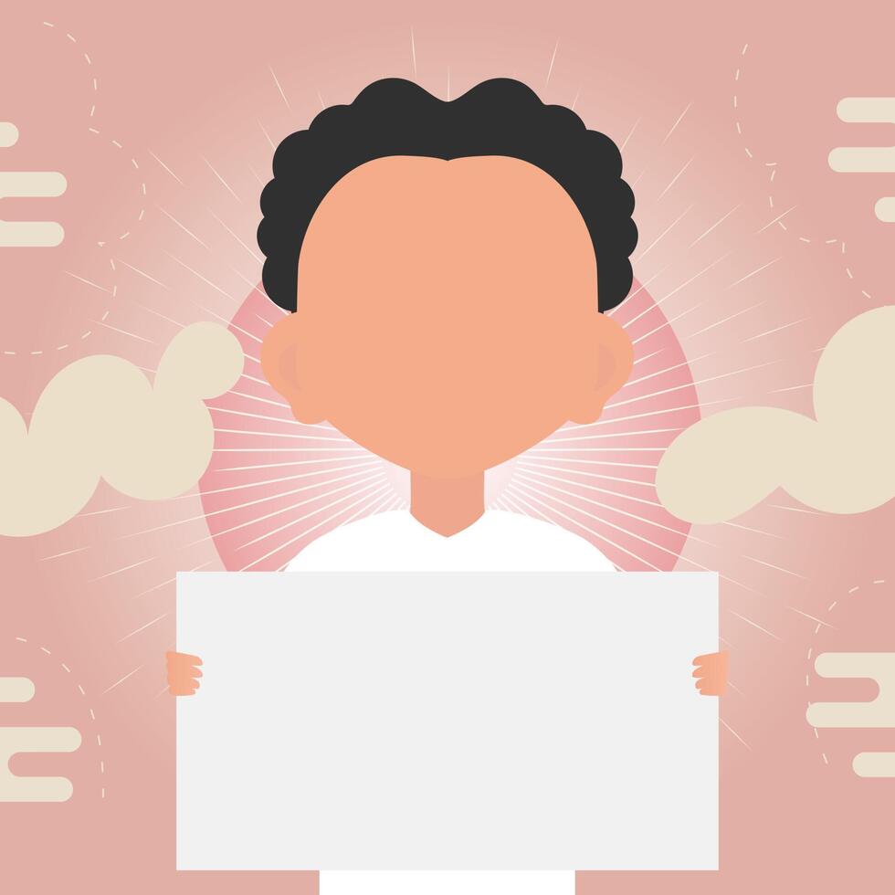 A cute little boy is holding an empty tablet in his hands. Place for your text. Cartoon style. illustration. vector
