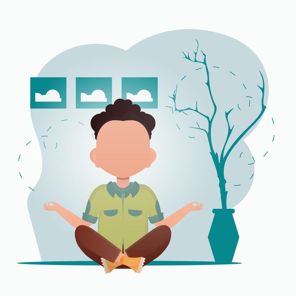 un linda pequeño chico es haciendo yoga en el habitación. sano vida concepto. vector ilustración en dibujos animados estilo.