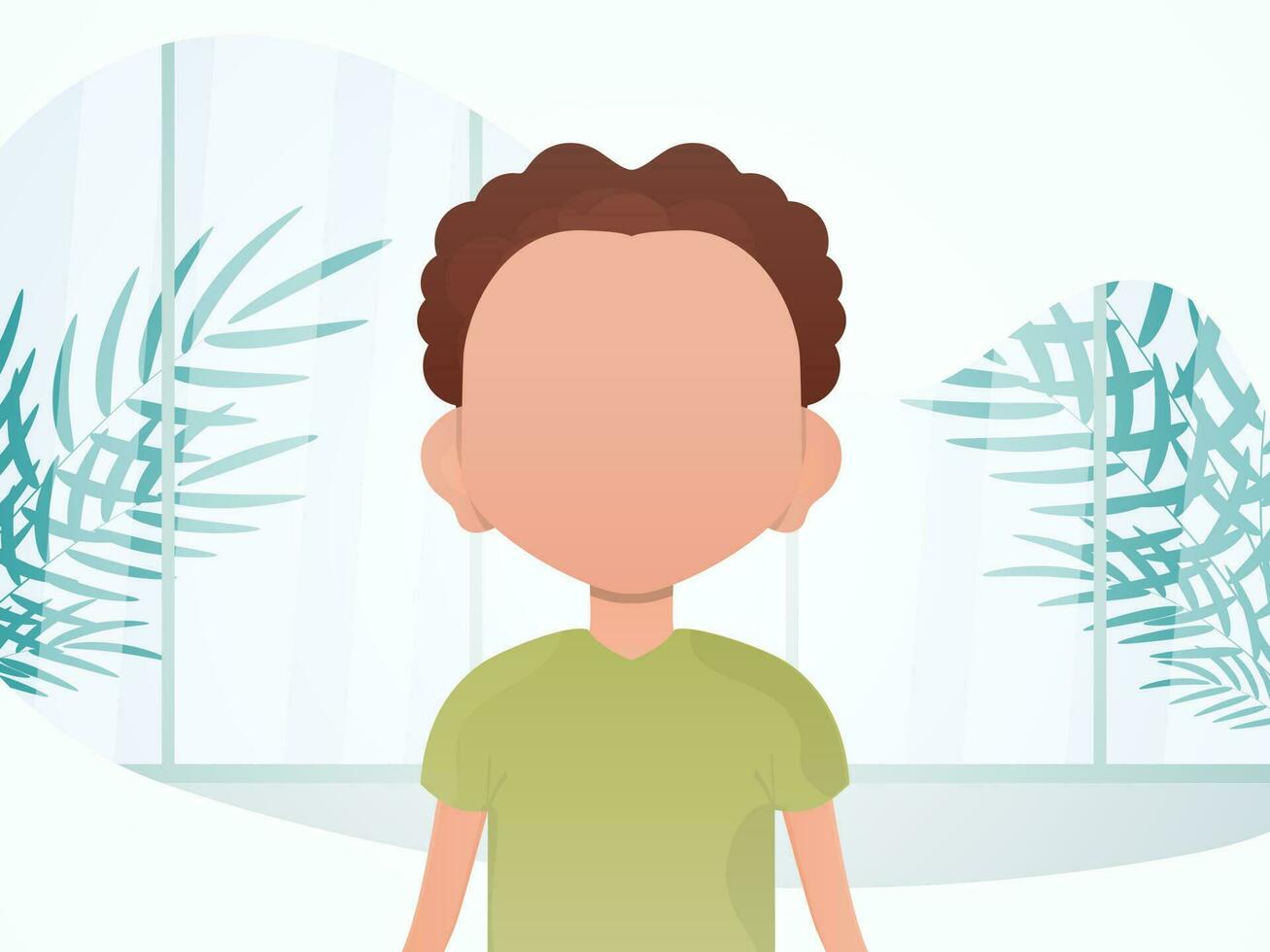 Portrait of a cute little baby boy. Banner with a child in the room. Cartoon style. Vector illustration.