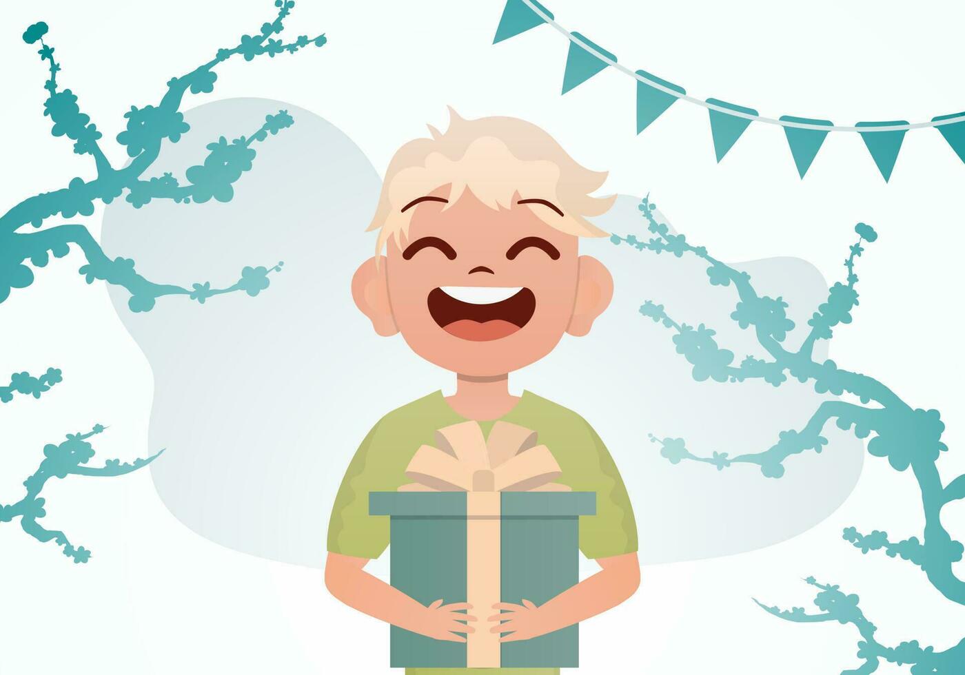 Smiling preschool boy holding a box with a bow. Birthday. Cartoon style. vector